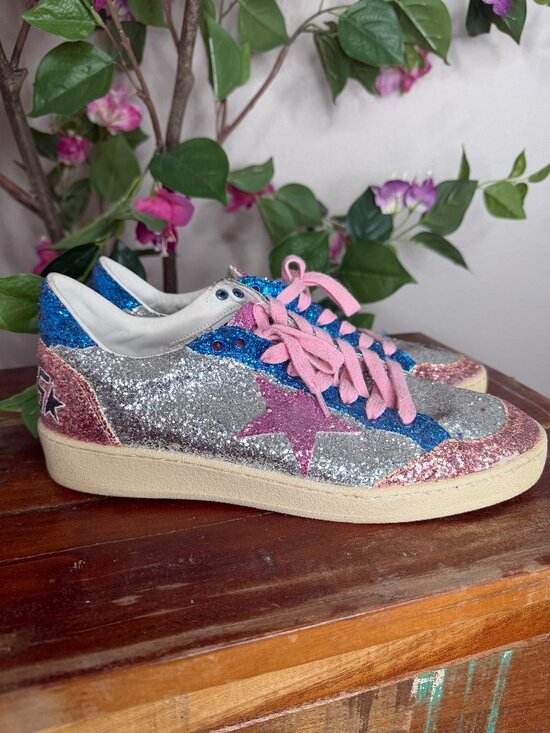 Golden Goose Shoes - Golden Goose Silver Glitter Sneakers with Pink Star and Blue & Pink Accents